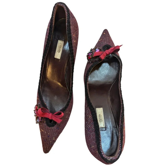 Prada Tweed Jewel Embellished Kitten Heel Pumps / Heels SZ 40 /US SZ10 Gorgeous! - Picture 6 of 11